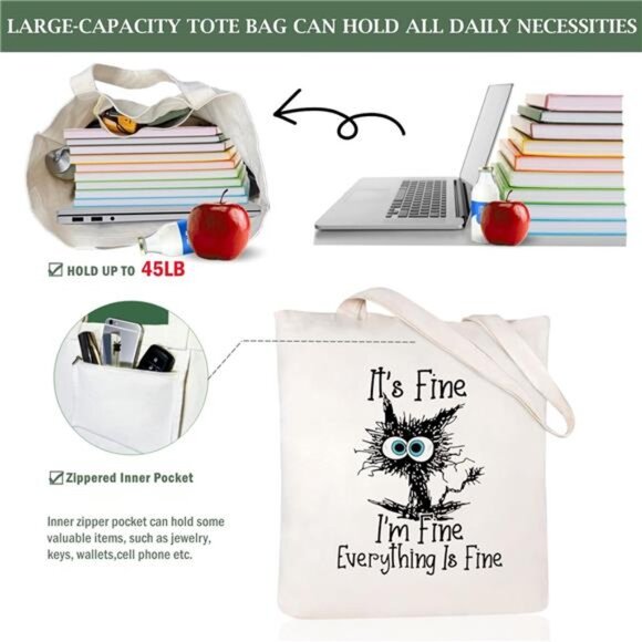 Canvas Tote Bag for Women Aesthetic Cute Cat Shopping Grocery Reusable Bag - Picture 6 of 7